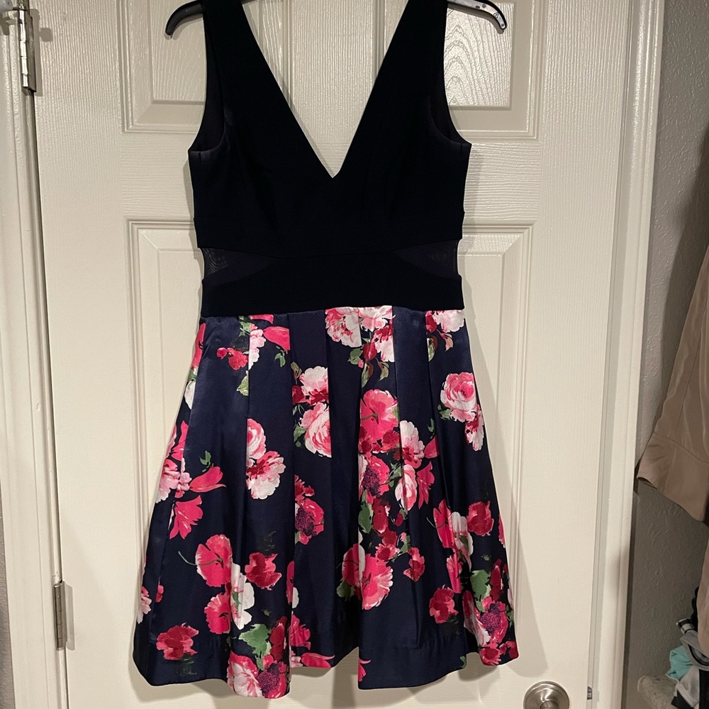 Short prom dress Navy blue and Hot pink flowers.